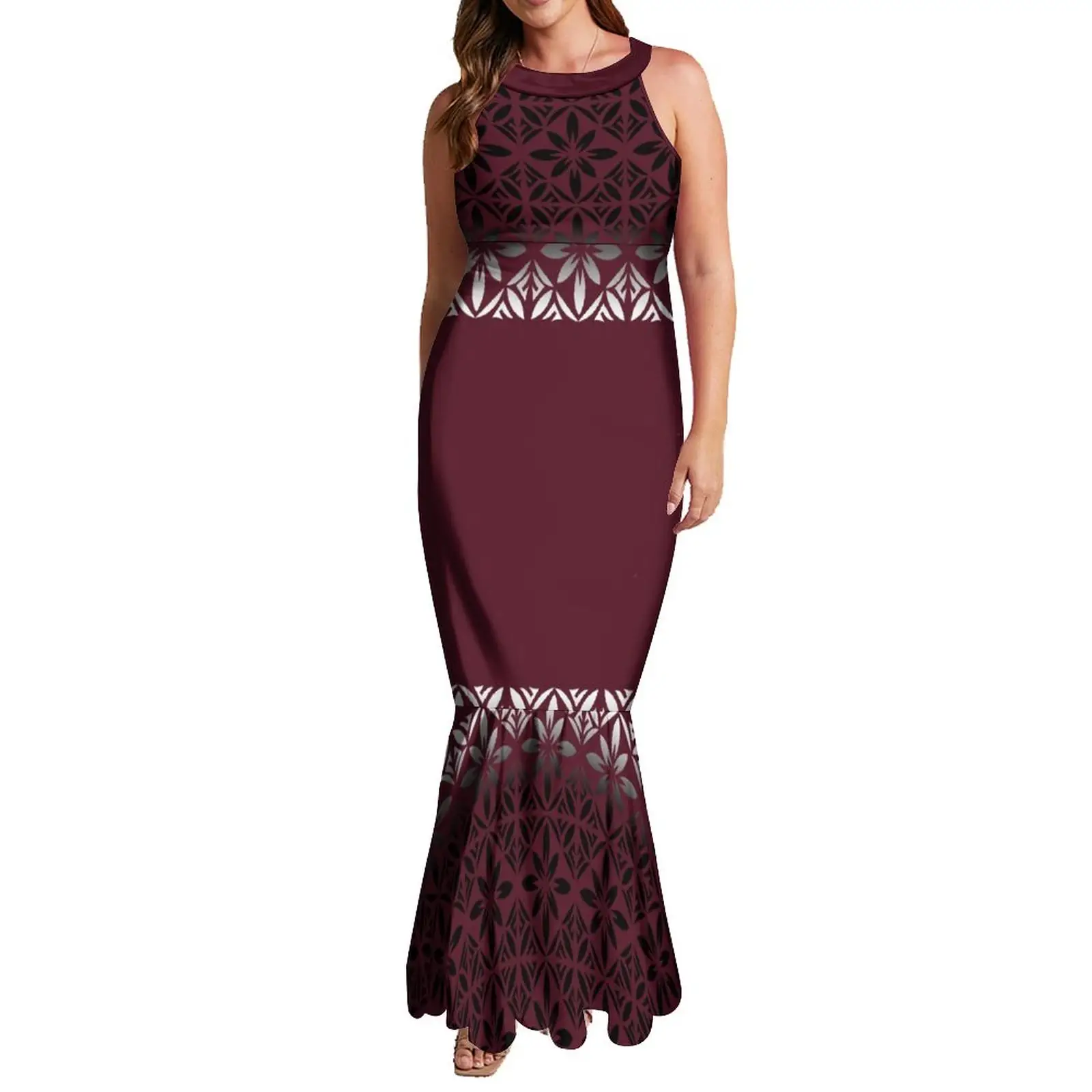 Hot Sales Custom Tie Knotted Back Sleeveless Long Maxi Fishtail Dress Maroon Polynesian Tribal Printed Evening Party Dress Gowns