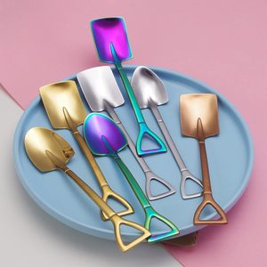 Petite cuillère en forme de pelle, design créatif, mini cuillère en acier inoxydable doré arc-en-ciel, cuillère à thé, café, glace, dessert - Product Image 2