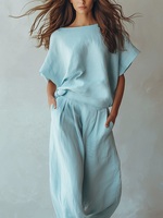 Ensemble Lounge Couleur Unie pour Femme, Vente en Gros Usine, Haut Col Bateau et Pantalon Large, Tenue Assortie Deux Pièces avec Poches Latérales