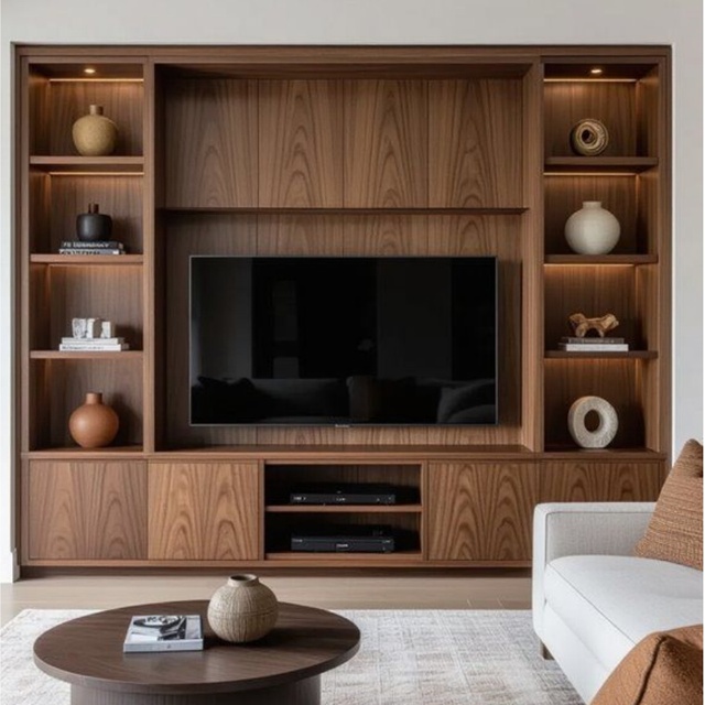 Custom Walnut & Khaki MDF Modern TV Cabinet Living Room Wall Unit with Easy Assembly for Home Furniture and Remodeling
