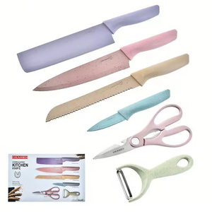 Juego de Cuchillos de Cocina de 6 Piezas con Logotipo, Utensilios de Cocina de Metal, Incluye Cuchillo de Paja de Trigo, Tijeras y Pelador, Personaliza con tu Logotipo, Entrega Rápida - Product Image 3