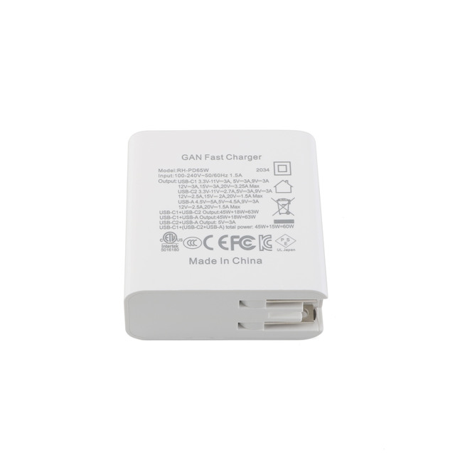 65W GAN Fast Charger Compact Gallium Nitride Wall Plug with Interchangeable AC Tips for Laptop