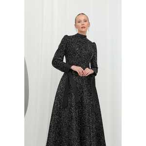 Robe de soirée élégante pour femme, col montant, taille empire, coupe trapèze, en organza, avec superposition transparente, longue robe bleu marine - Product Image 4