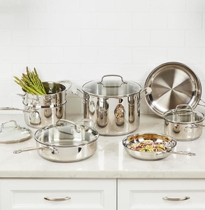 Collection de batterie de cuisine haut de gamme en acier inoxydable - Ensemble de casseroles compatibles induction avec couvercles en verre et insert vapeur - Product Image 2