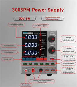 Fuente de Alimentación DC Ajustable 3005D 3005PM 30V 5A 150W de Banco con Pantalla LED de 4 Dígitos, CV CC, Protección Contra Cortocircuitos, Bloqueo de 8.4V y USB para Herramientas de Reparación de Teléfonos - Product Image 6