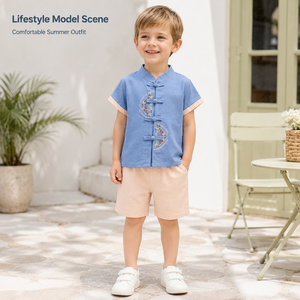 Completo Sportivo Estivo per Ragazzi, Abbigliamento Estivo Alla Moda per Bambini, Set Due Pezzi con Maniche Corte in Denim Patchwork - Product Image 1
