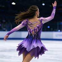Robe de patinage et de danse dégradé violet-rose, manches longues en maille, ornée de strass floraux, pour enfants et adultes, compétition et performance