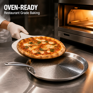 Teglia per <span class=keywords><strong>Pizza</strong></span> in Titanio Martellato con Manico per Forno, Ristorante, Uso Commerciale, Rotonda, Personalizzabile OEM, Vendita all'Ingrosso - Product Image 3