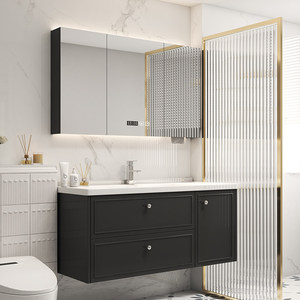Customizable French <b>oak</b> ceramic integrated basin intelligent mirror wall mounted bathroom cabinet - Product Image 2
