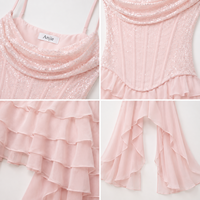 Robe de bal Anjie OEM ODM pour femme, rose, ornée de perles, style corset, en mousseline de soie à volants, à étages, à ourlet asymétrique, personnalisable, marque privée, vente en gros