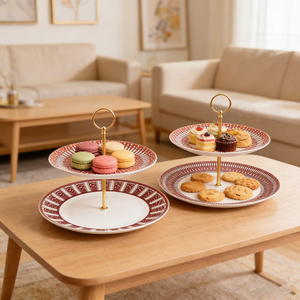 Plateau à dessert à 2 niveaux en porcelaine fine, motif floral ou géométrique, idéal pour la décoration et la présentation de table - Product Image 4