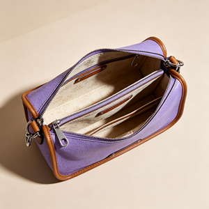 Bolso de hombro de cuero granulado morado claro, cierre de cremallera con ribete marrón, dos correas, bolso informal para uso diario - Product Image 4