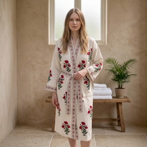 <b>Women</b> Floral Embroidered Waffle <b>Robe</b> Long Sleeve V-Neck Knee Length 100% Cotton Soft Casual Summer Dressing Gown Quick <b>Dry</b> - Product Image 3