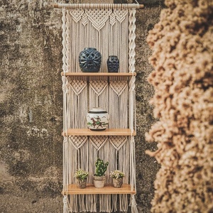 Étagère Murale Macramé Boho - Support Plantes Tissé Main - Bois Naturel Et Corde - 80x40 Cm - Décoration Salon/chambre