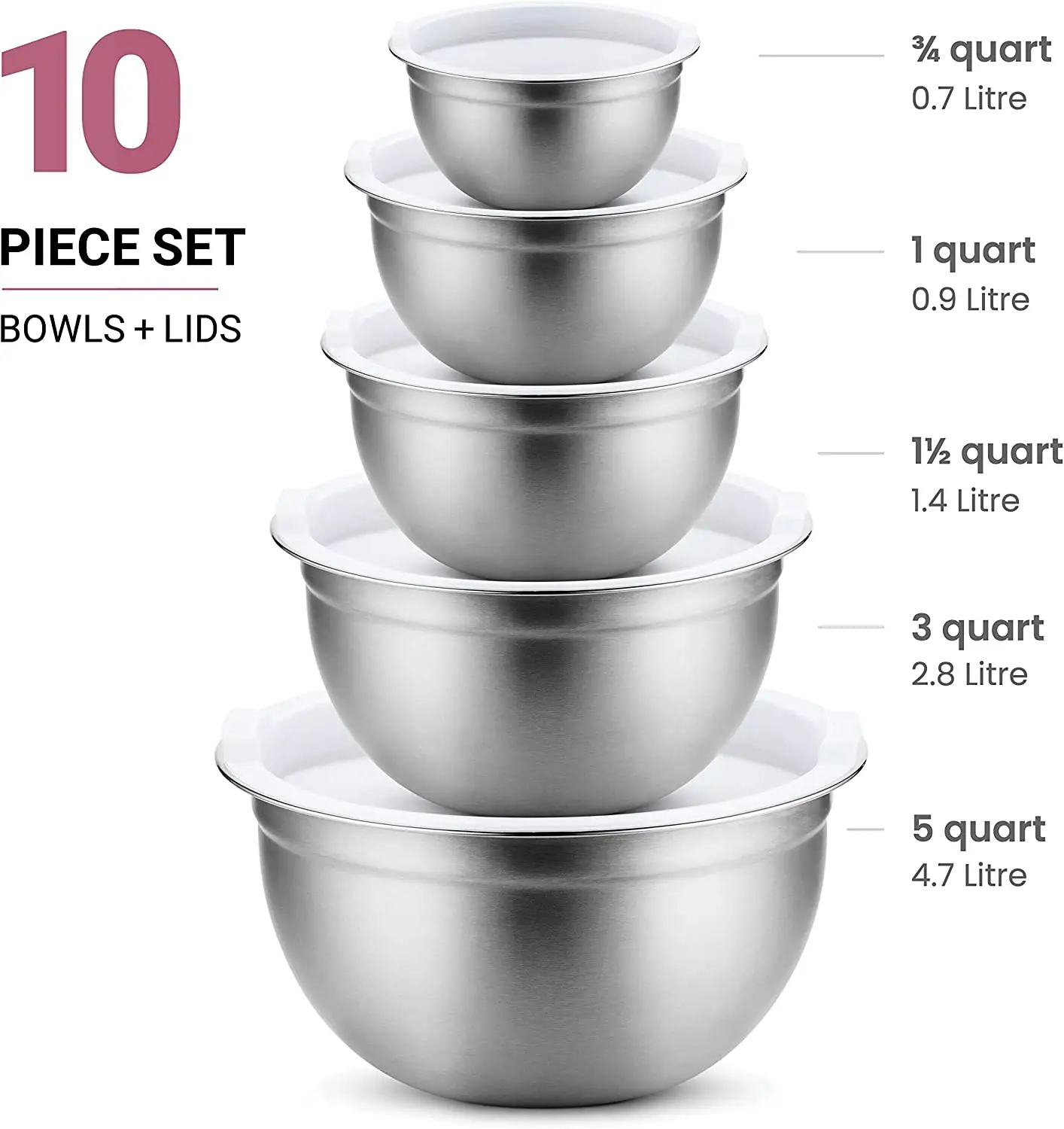 Amazon Hot Sale 10PCS Creative Non slip Large Capacity Airtight Lid Deep Kitchen 304 Stainless Steel Salad Flour Mixing Bowl Set