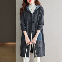 Mode dame automne nouveauté dames grande taille lâche câble tricot jean pull à capuche manteau