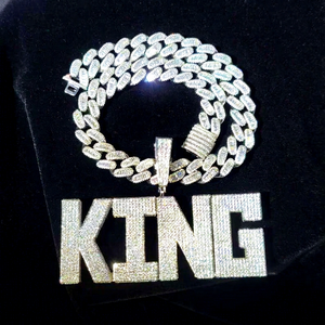 <b>Iced</b> <b>Out</b> KING Letter Pendant with Cuban Link <b>Chain</b> Full Diamond CZ Baguette Necklace Hip Hop Jewelry for Men 925 Silver - Product Image 1