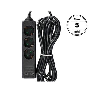 Multipresa Nera con 2 Porte USB, 3 Prese Schuko, 10A, Cavo Lungo 5 Metri 3x1.5mm, Compatibile WiFi, Prolunga SKU-8777 - Product Image 5