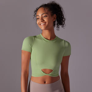 Nueva Camiseta de manga corta de alta elasticidad Color sólido con Detalle de lazo Compresión transpirable Fitness Yoga Wear para correr Tops - Product Image 2