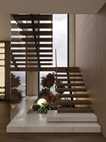 Escalier flottant en U de luxe noir avec monopoteau, marches en chêne blanc et éclairage LED, balustrade en verre, norme américaine