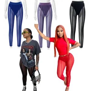 Pantalon de sport décontracté pour femmes, nouveauté, Sexy, en maille transparent, taille haute, Slim, printemps automne 2019