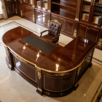 Bureau d'angle sculpté de luxe vintage en bois massif laqué, bureau de direction avec armoire latérale, bureau de patron incurvé, personnalisation