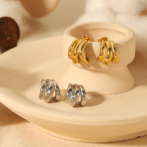 ต่างหูแบบห่วง 18K ทองคำสแตนเลส ดีไซน์เรขาคณิตสามเส้น สำหรับผู้หญิง เครื่องประดับแฟชั่น - Product Image 2