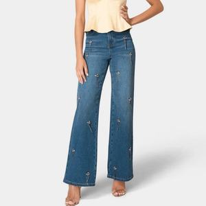 กางเกงยีนส์ขายดีสำหรับผู้หญิง OOTD เอวสูง ทรงตรง กางเกงยีนส์ขากว้างรุ่นใหม่ กางเกงขายาวประดับลูกปัด เอวสูง ทรงหลวม ทรงเข้ารูป - Product Image 1