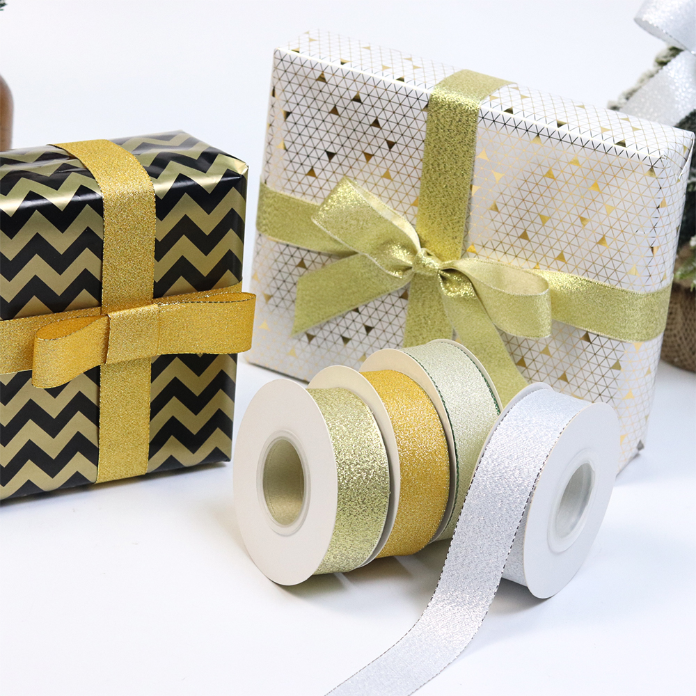 Wholesale Custom Gold Silver Metallic Polyester Ribbon Roll Satin Solid Color Glitter Ribbons for Christmas Gift Decorations