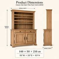 Lemari Bufet Kayu Ek Rustic Gaya Prancis dengan Rak Piring Terbuka, 2 Laci, 2 Pintu, Furnitur Kabinet Ruang Tamu/Ruang Makan