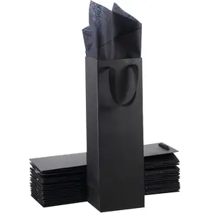 사용자 정의 로고 인쇄 고품질 재사용 가능한 접이식 무거운 친환경 포장 블랙 대량 선물 크래프트 와인 병 종이 가방