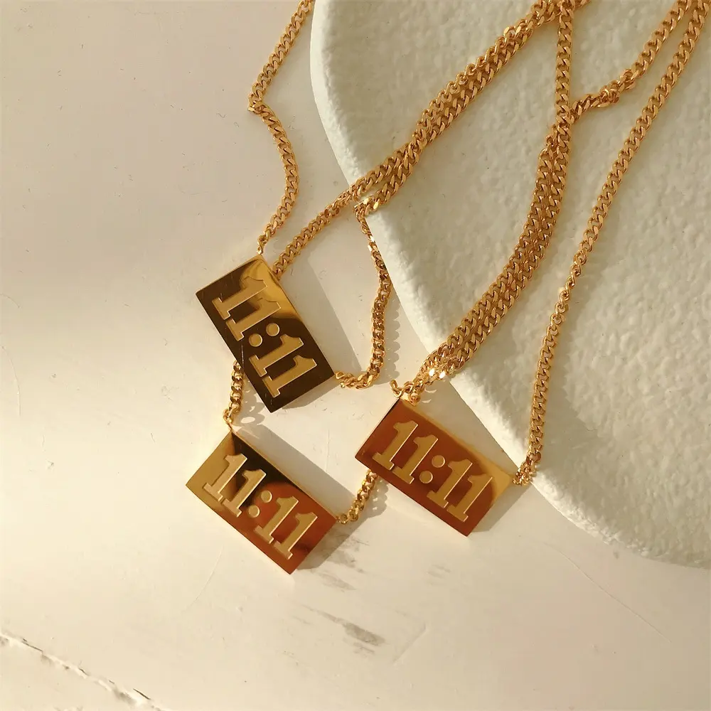 Luck jewelry sets stainless steel 18k gold plated Cuban chain 11:11 angel number rectangle pendant choker necklace Band Rings