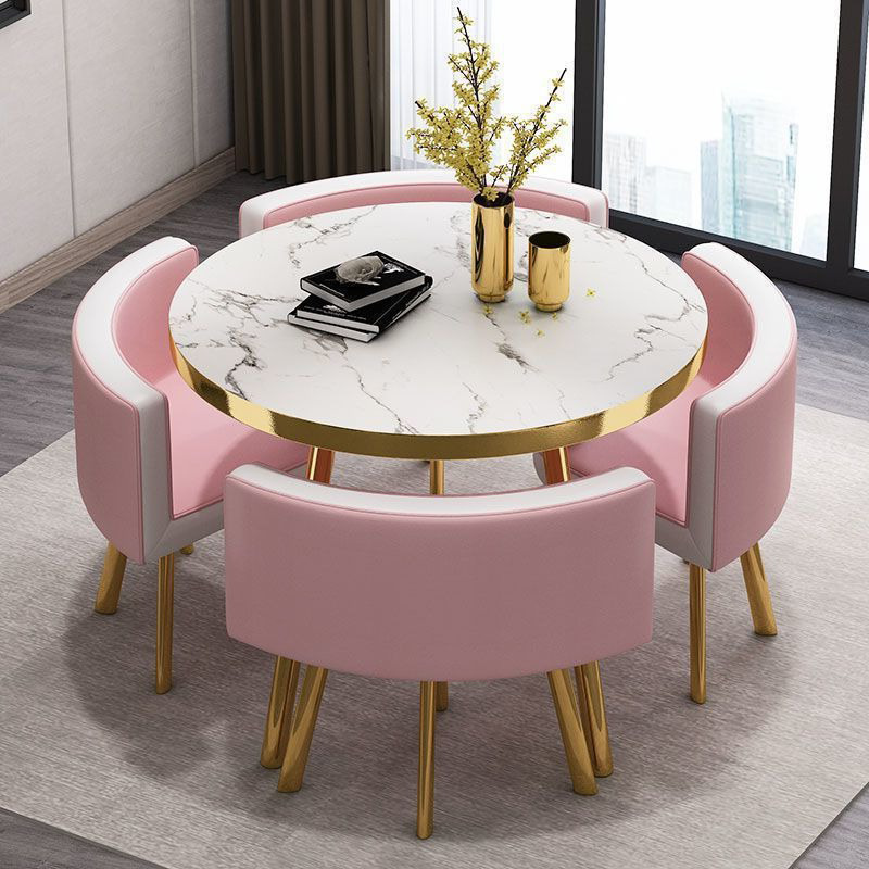 Mesa de piedra imitación 4 sillas curvadas de cuero Rosa Blanco