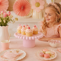 Taartplateau voor kinderfeestjes, bruiloften, babyshowers, roze, blauw, wit, rond, van plastic, voor fruit en desserts.