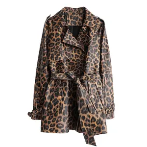Jancoco Custom Mid Length Sheepskin Leather Jacket Leopard Pattern Real Leather Trench Coat for Women
