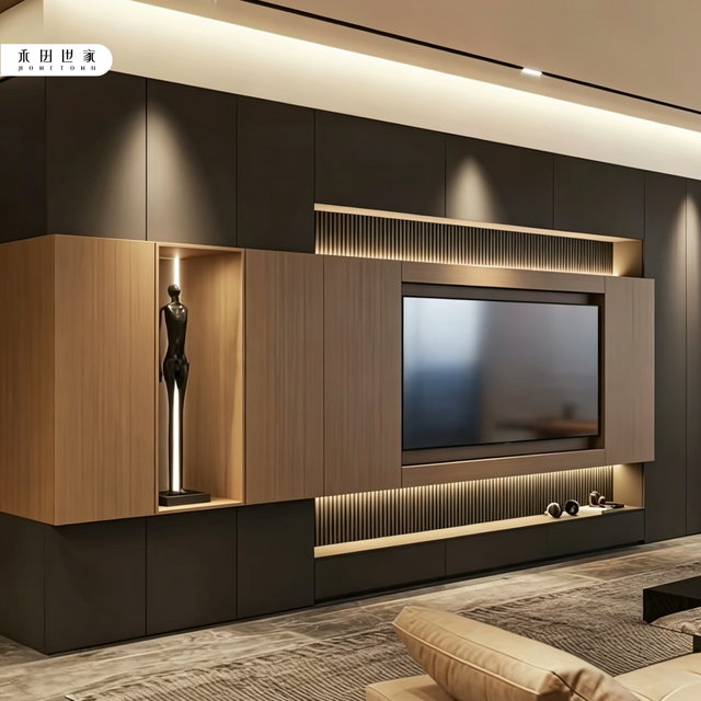Modern Luxurious Italian Tv Wall Unit, Suspended Center Cabinet, Vertical Fluted Slat, Illuminated Display Niche for Villa