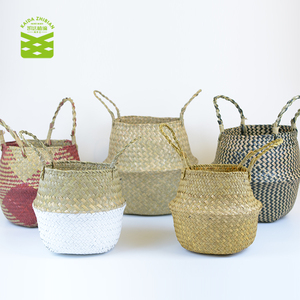 Natural belly basket seagrass with Handles Foldable Tote Basket for Storage Laundry Plant Pots
