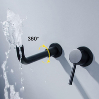 Robinet de lavabo de salle de bain en laiton, bec rotatif séparé dissimulé, mélangeur d'eau chaude et froide, robinet mural noir pour lavabo
