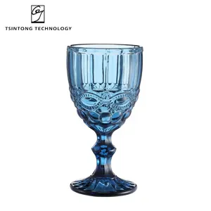 Hot Sale Colored Goblet 300ml 10oz Vintage Pattern Embossed Champagne Wine Blue Green Purple Gray Glass Cup Mug For Wedding