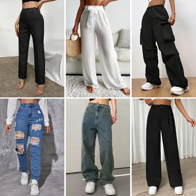 Calças jeans femininas de cintura alta, calças casuais rasgadas, design de fábrica, estoque em estoque, excedentes em estoque, lote para liquidação