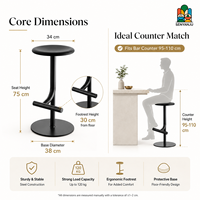 Tabouret de bar minimaliste en fer thermolaqué avec assise ronde mate, pied unique et repose-pieds incurvé, base circulaire plate