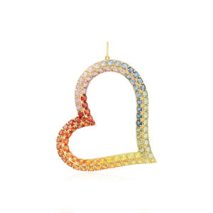 Pendentif cœur en or jaune 18 carats avec pavé de saphirs multicolores, magnifique pendentif cœur orné d'une variété de saphirs ronds taille brillant. - Product Image 6