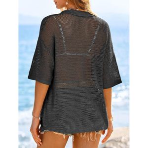 Chemisier décontracté noir à col boutonné en maille crochetée pour femme, manches courtes, coupe ample, idéal pour l'été et le quotidien - Product Image 5