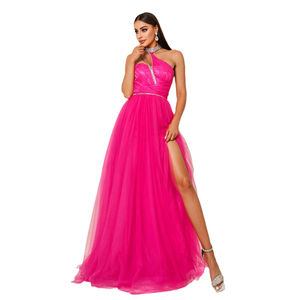 2024 gaun malam ukuran Plus mewah glamor Rosered Halter asimetris a Line Split Tulle pesta panjang pesta Prom malam gaun panjang - Product Image 5
