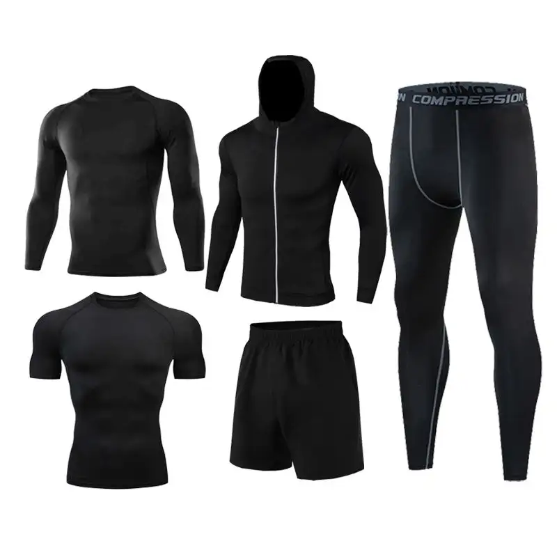 RUIQUWIN, новинка, Мужская одежда для тренировок в тренажерном зале, Быстросохнущий комплект из 5 предметов, шорты с коротким рукавом