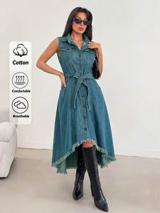 Robe Longue d'Été Décontractée Euro-Américaine <span class=keywords><strong>en</strong></span> <span class=keywords><strong>Jean</strong></span> Droit <span class=keywords><strong>Taille</strong></span> <span class=keywords><strong>Haute</strong></span> Sans Manches Tendance à Bord Brut Irrégulier Couleur Unie - Product Image 5