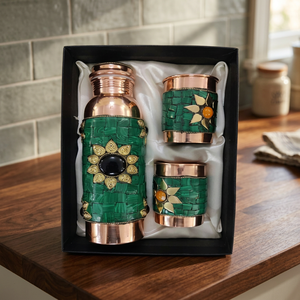 Pure Copper Water Bottle Set Matte Finish Diamond Paste Drinkware <b>Gift</b> <b>Box</b> Leak Proof Reusable for Travel - Indian Home Crafts - Product Image 1