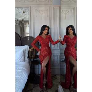 <b>Red</b> Tamera Long-Sleeved Sequin Evening <b>Dress</b> <b>Floor</b>-<b>Length</b> Party Style High Empire Feathers Pearls Flowers for Banquets Weddings - Product Image 2