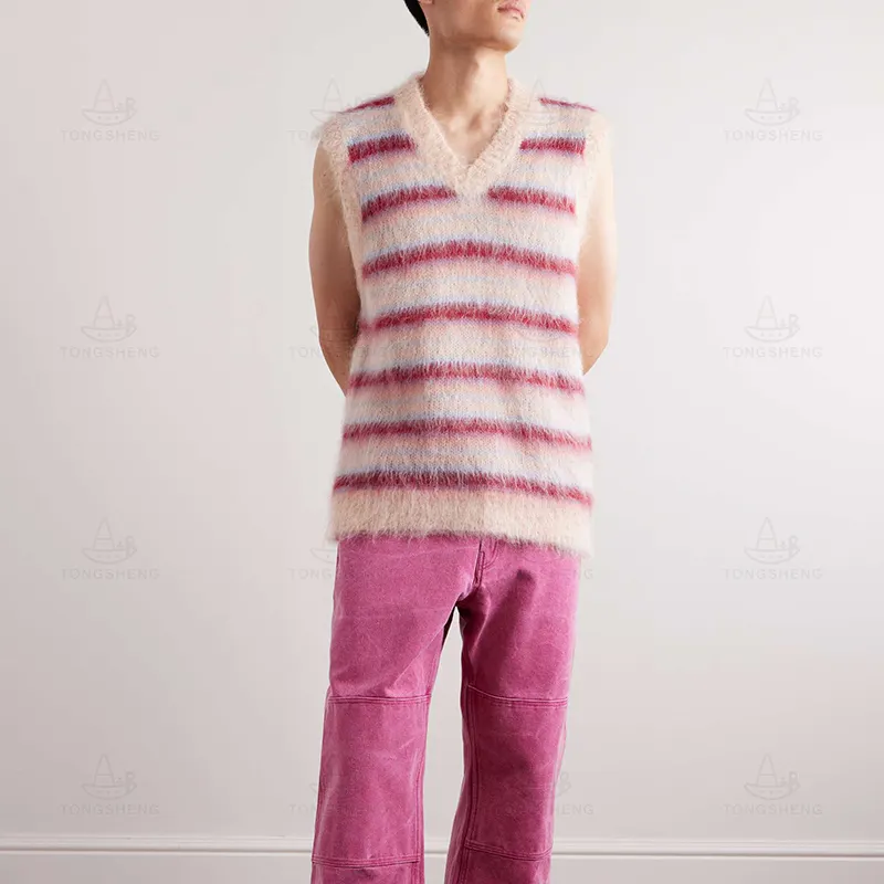 Gilet maglioncino Mohair di alta qualità produttore maglione senza maniche da uomo senza scollo a V maglia rosa a righe a contrasto maglione in Mohair gilet da uomo