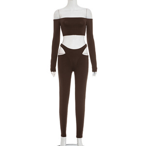 เสื้อครอปแขนยาวเปิดไหล่สำหรับผู้หญิงและกางเกงสกินนี่ผูกเชือกชุดแฟชั่น 2 ชิ้น - Product Image 5